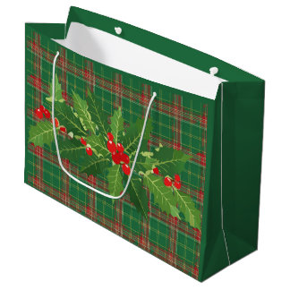 Grand Sac Cadeau Vert de Noël à carreaux rouge avec couronne