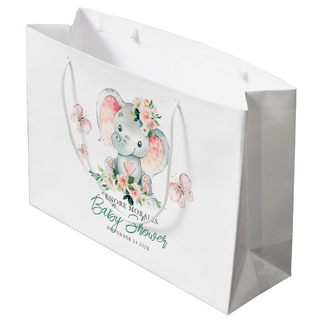 Grand Sac Cadeau Vert rose mignon Baby shower de cadre d'éléphant F (Dos Angle)