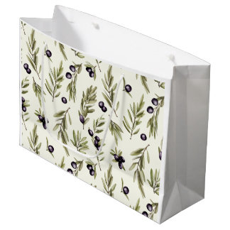 Grand Sac Cadeau Vert sauge aquarelle motif olivier campagne frança