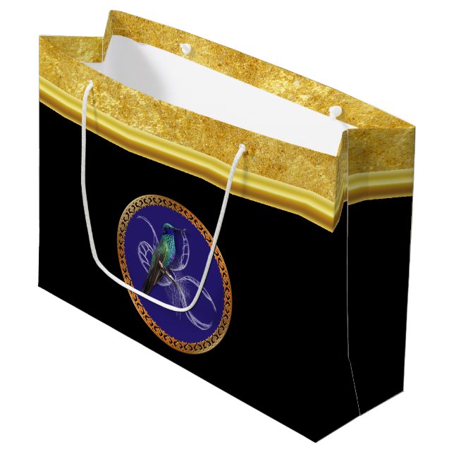 Grand Sac Cadeau Vert turquoise et bleu avec colibri violet (Devant Angle)