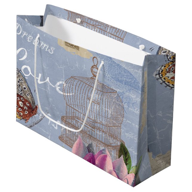 Grand Sac Cadeau Victorian Love Thoughts Dreams Butterfly Bird Cage (Devant Angle)