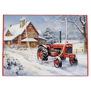 Grand Sac Cadeau Vieux tracteur et grange Snown Ferme d'hiver Noël