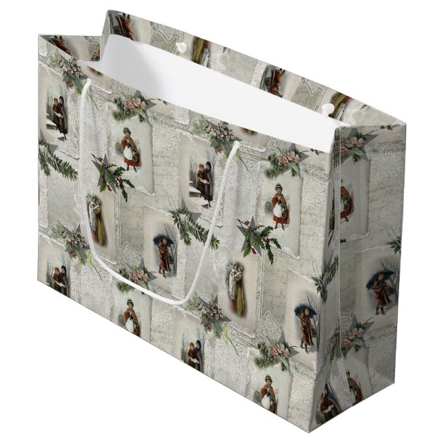 Grand Sac Cadeau Vignettes de Noël victoriennes avec verdure d'hive (Devant Angle)