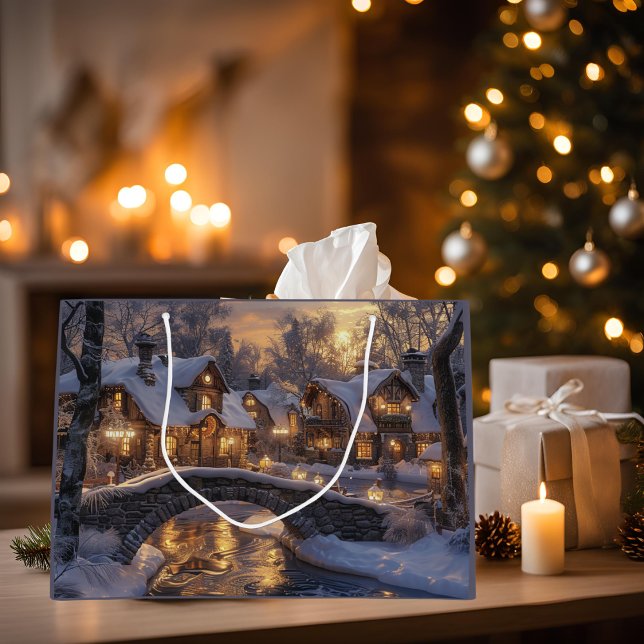 Grand Sac Cadeau Village de Noël Cosy Winter Scène Noël (Créateur téléchargé)