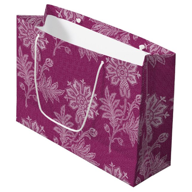 Grand Sac Cadeau Vin de Bourgogne Fête des mariées dentelle fleurie (Devant Angle)