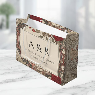 Grand Sac Cadeau Vintage Art Nouveau Floral Crème Bourgogne Mariage