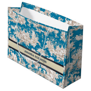 Grand Sac Cadeau Vintage bleu turquoise toile de jouy monogramme