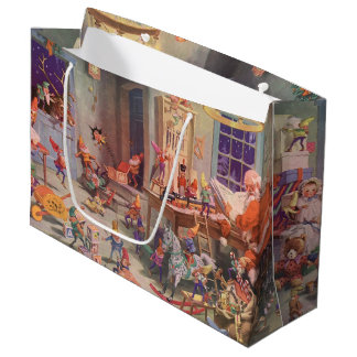 Grand Sac Cadeau Vintage Christmas, Santa Claus with Elves Workshop
