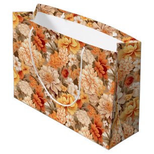Grand Sac Cadeau Vintage jaune brûlé orangé beige beige fleurs tan