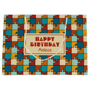 Grand Sac Cadeau Vintage Jigsaw Puzzle Pièces Motif Anniversaire
