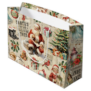 Grand Sac Cadeau Vintage Noël Collage Découpage