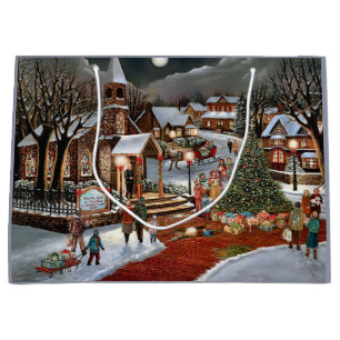 Grand Sac Cadeau Vintage Noël paysage enneigé