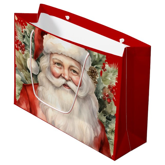 Grand Sac Cadeau Vintage Noël Père Noël Souriant (Devant Angle)