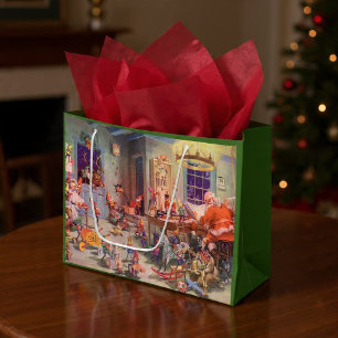 Grand Sac Cadeau Vintage Noël, Santa Claus avec Elves Atelier