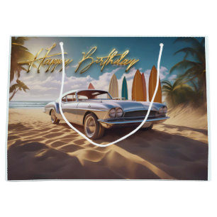 Grand Sac Cadeau Vintage Sports voiture plage tropicale Joyeux anni