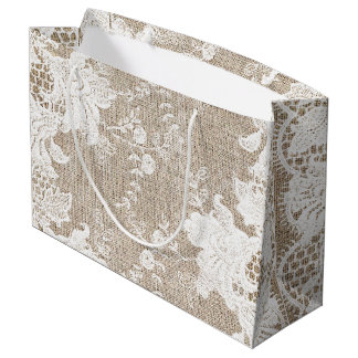 Grand Sac Cadeau Vintage traditionnel rustique burlap et dentelle