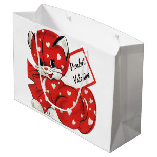 Grand Sac Cadeau Vintage Valentine Red Chat White Hearts Retro Love