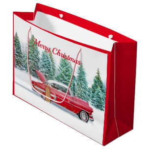 Grand Sac Cadeau Vintage voiture rouge neige traîneau Noël