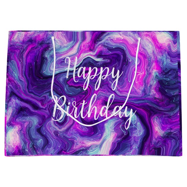 Grand Sac Cadeau Violet, Bleu, Marbre rose Fluide Art Anniversaire (Devant)