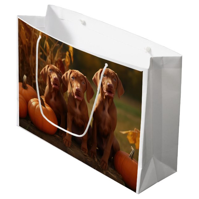Grand Sac Cadeau Vizsla Chiot Automne Citrouille délice (Devant Angle)