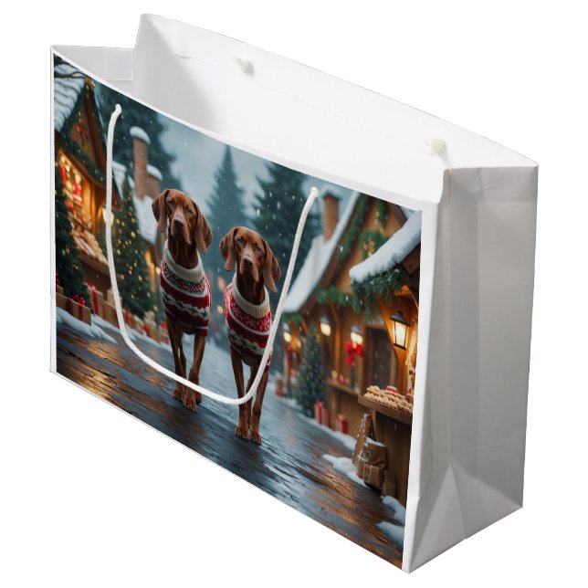 Grand Sac Cadeau Vizsla Dogs Christmas Snow Holiday (Devant Angle)