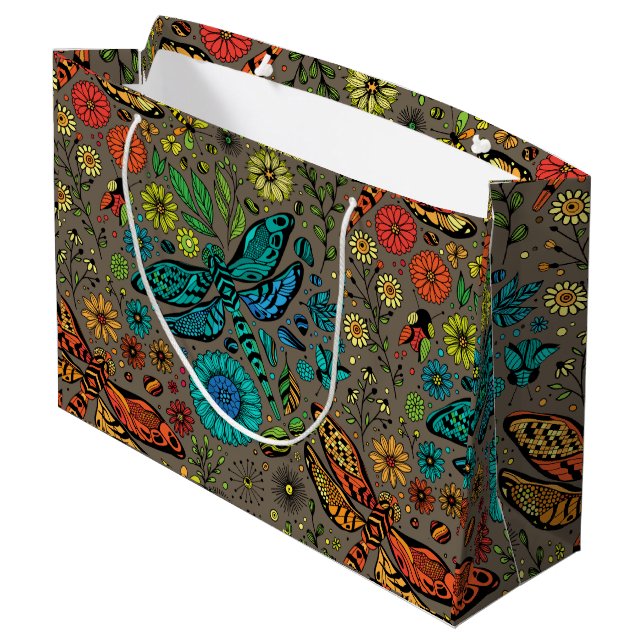 Grand Sac Cadeau Voler, libellule de mouche sur brun (Dos Angle)