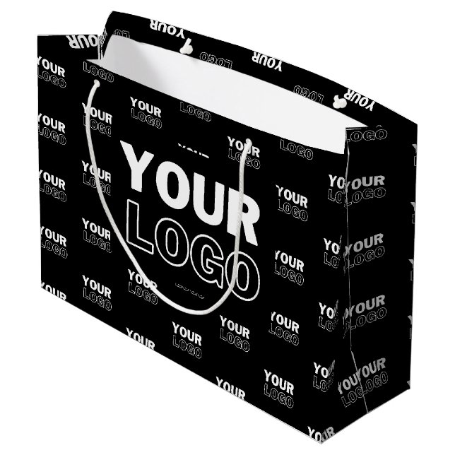 Grand Sac Cadeau Votre logo et arrière-plan Logo répétitif | Noir (Dos Angle)