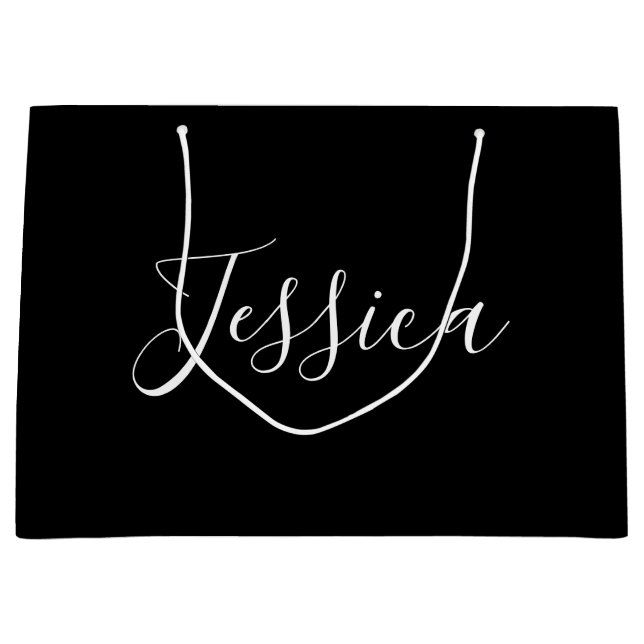 Grand Sac Cadeau Votre nom | Élégant script blanc sur noir (Devant)