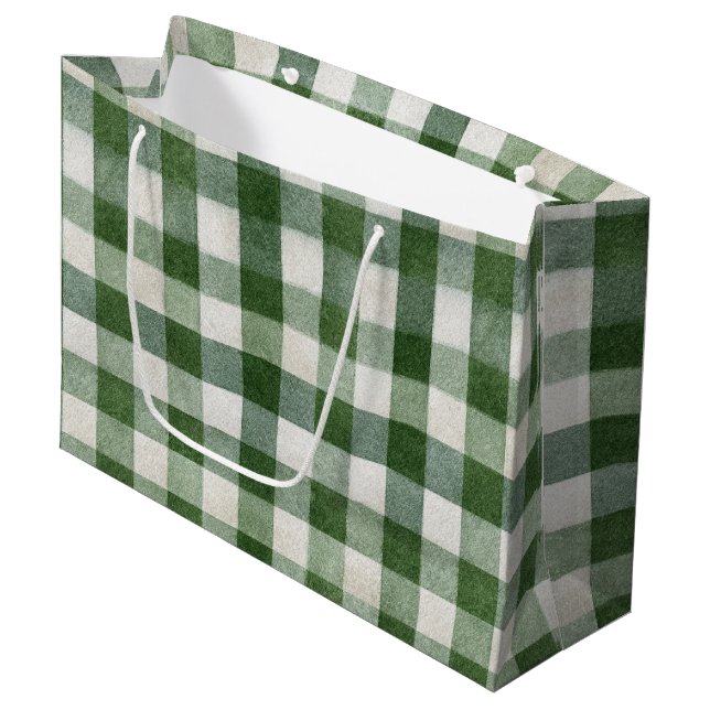 Grand Sac Cadeau Warm Cream Green Plaid Stripes Christmas (Devant Angle)