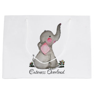 Grand Sac Cadeau Watercolor Cute Baby Elephant With Blush & Flowers