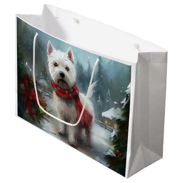 Grand Sac Cadeau West Highland White Terrier Dog dans la neige Noël (Devant Angle)