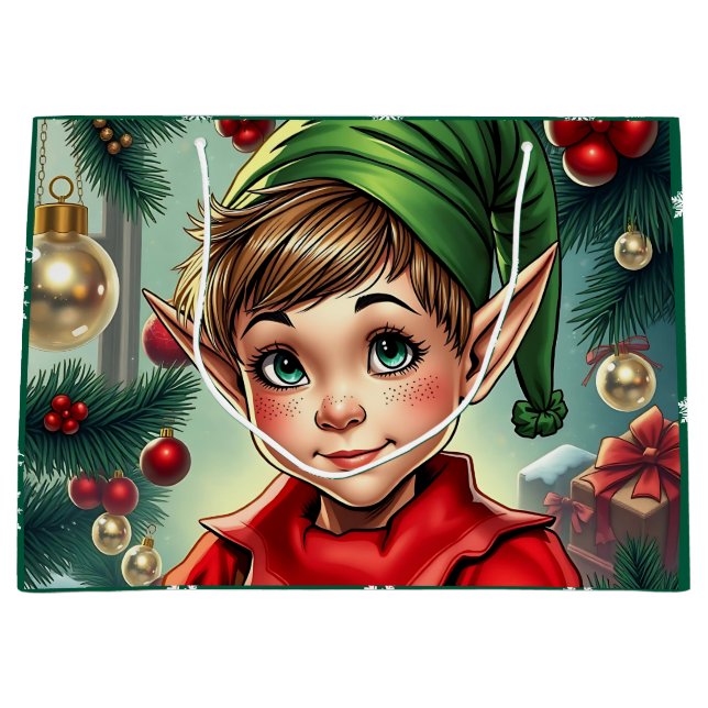 Grand Sac Cadeau Whimsical Cartoon Elf | Christmas (Devant)