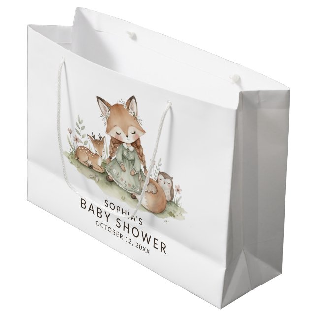 Grand Sac Cadeau Woodland Fox Girl Baby Shower  (Devant Angle)