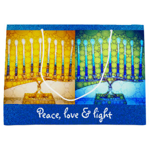 Grand Sac Cadeau Yellow Blue Peace Love Light Hanoukka Menorahs