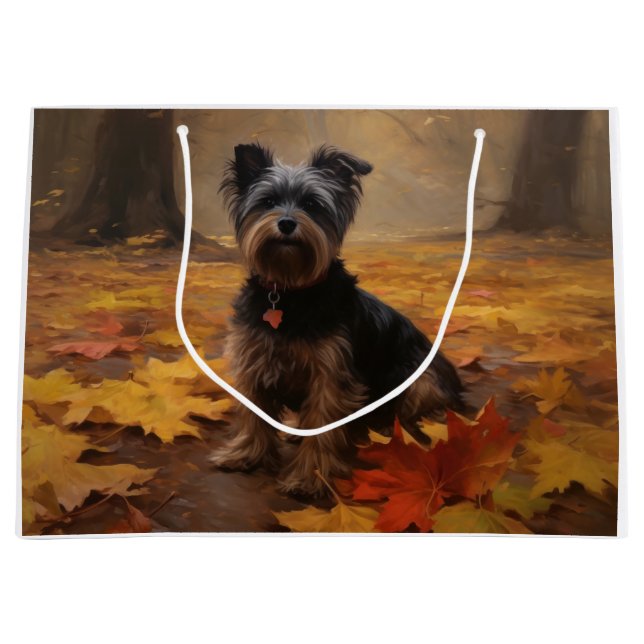 Grand Sac Cadeau Yorkipoo à l'automne Feuilles automne Inspire (Devant)