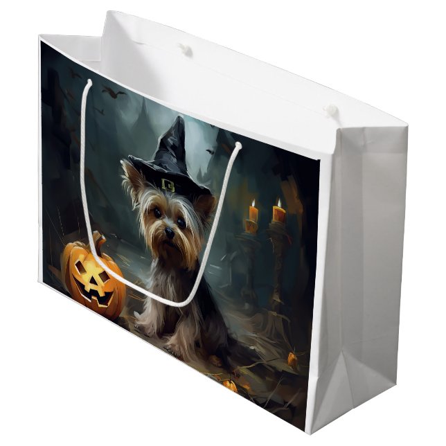 Grand Sac Cadeau Yorkshire Terrier Citrouilles Halloween effrayant (Devant Angle)