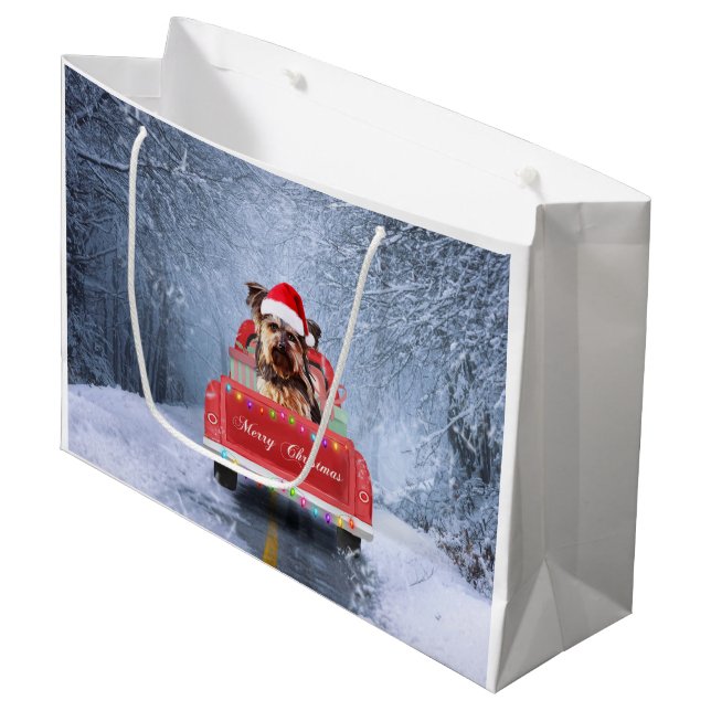 Grand Sac Cadeau Yorkshire Terrier Dog Neige assis à Noël (Devant Angle)