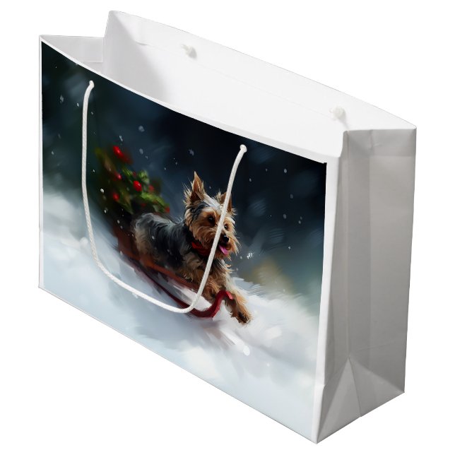 Grand Sac Cadeau Yorkshire Terrier neige de Noël hiver (Devant Angle)