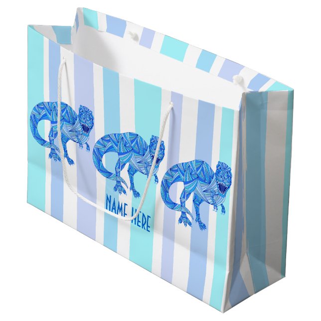 Grand Sac Cadeau Z T-Rex Dinosaure Coloré Rayures préhistoriques (Devant Angle)