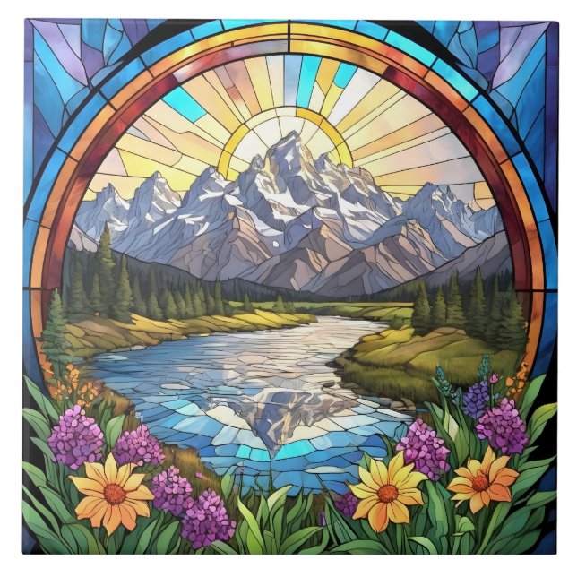 Grand Teton Mountains Faux Stained Glass Mountain Tile (Front)