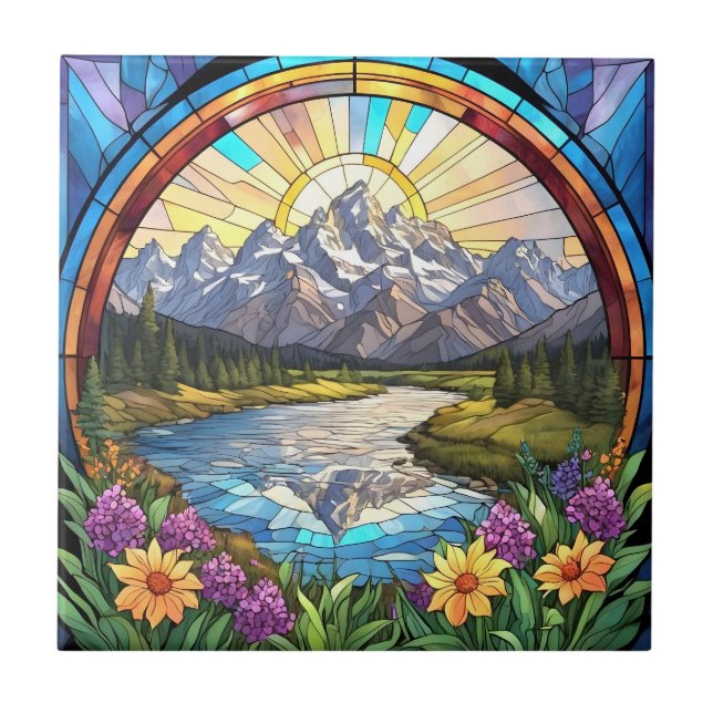 Grand Teton Mountains Faux Stained Glass Mountain Tile (Front)