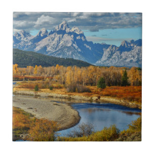 Grand Teton Mountains River View in Autumn Tile