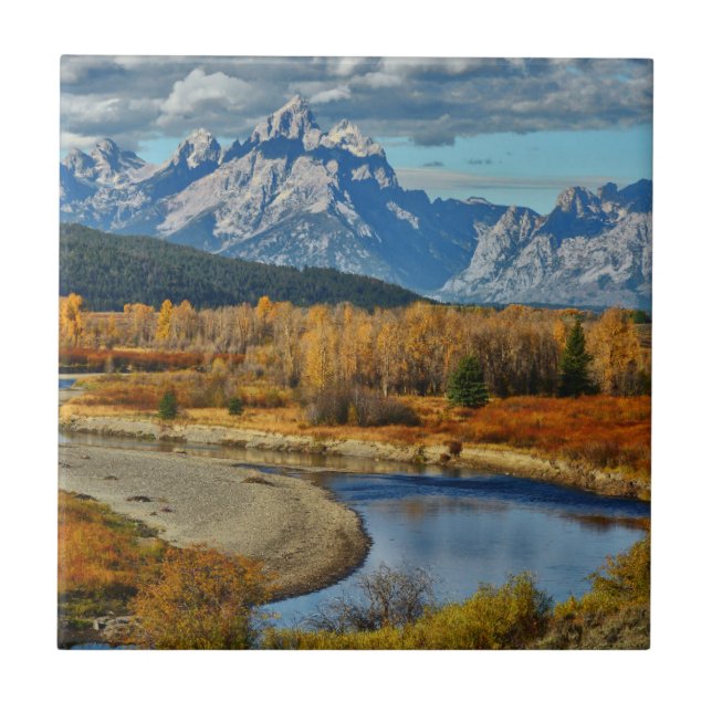Grand Teton Mountains River View in Autumn Tile (Front)