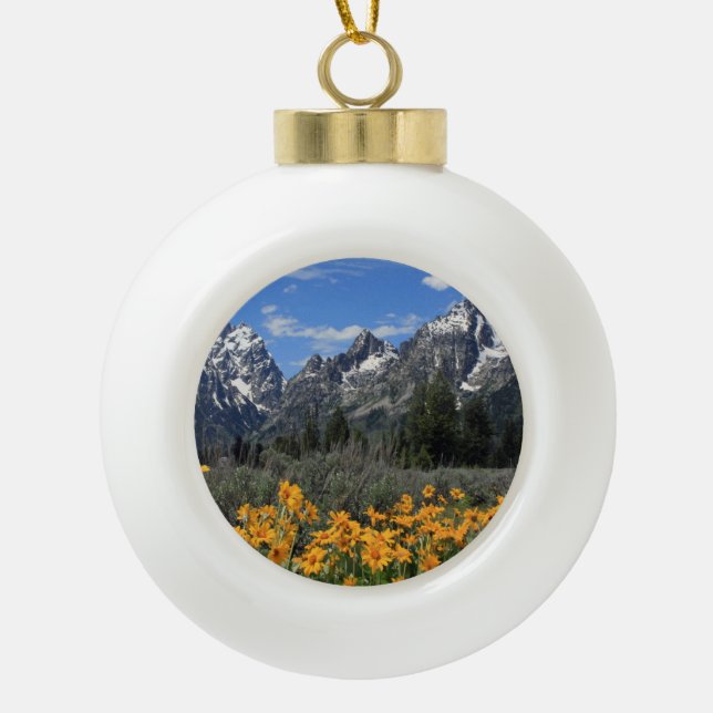Grand Teton Mountains with Yellow Flowers Ceramic Ball Christmas Ornament (Front)