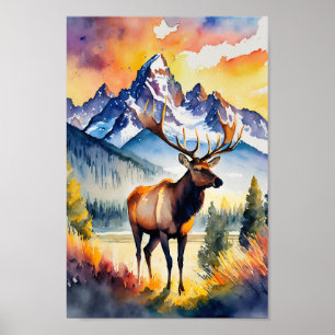 Grand Teton National Park Elk Wyoming Watercolor Poster