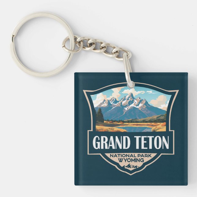 Grand Teton National Park Illustration Retro Keychain (Front)