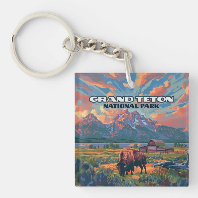 Grand Teton National Park Mountains Bison Wyoming Keychain (Front)