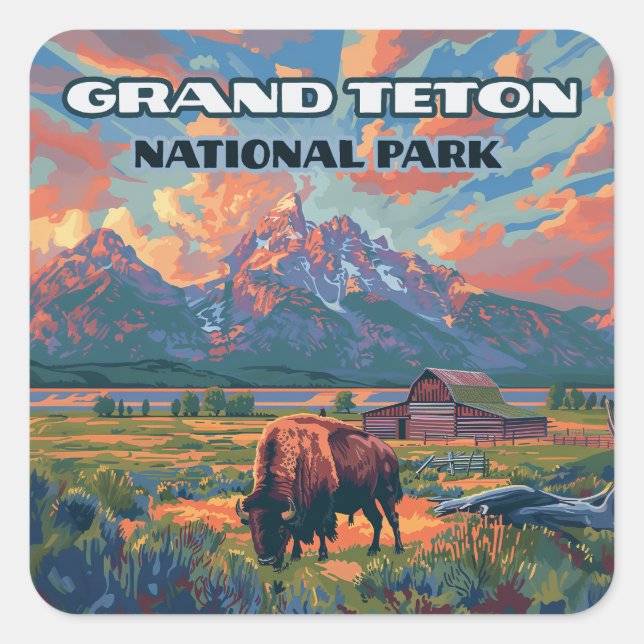 Grand Teton National Park Mountains Bison Wyoming Square Sticker (Front)