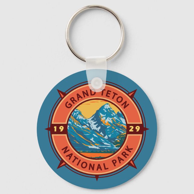Grand Teton National Park Retro Compass Emblem Keychain (Front)