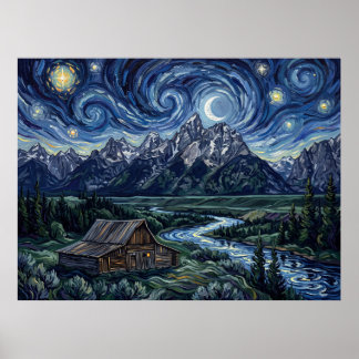 Grand Teton National Park Starry Night Barn Poster